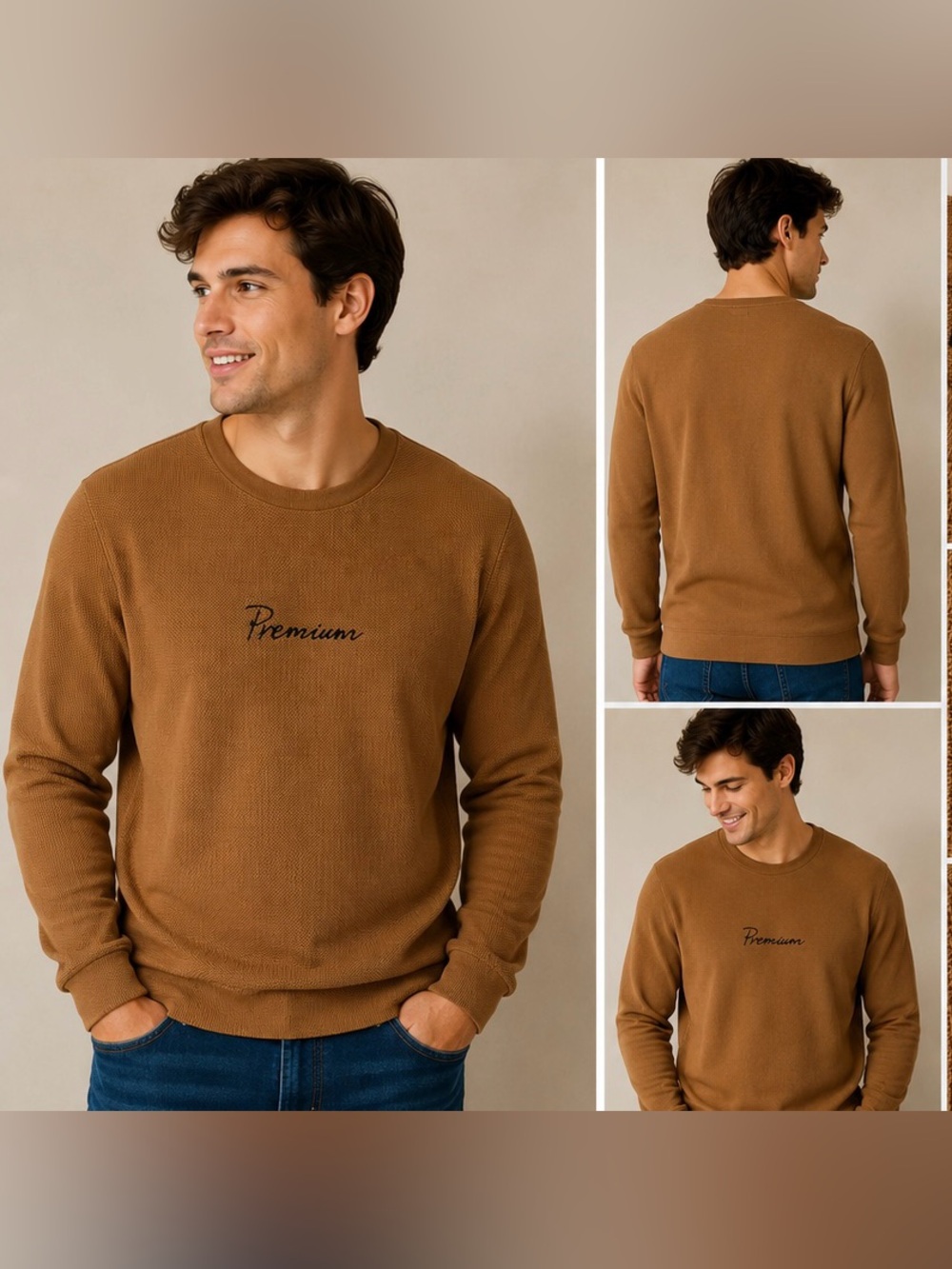 Jack & Jones Premium Men’s Large Brown Textured Crew Neck Sweater